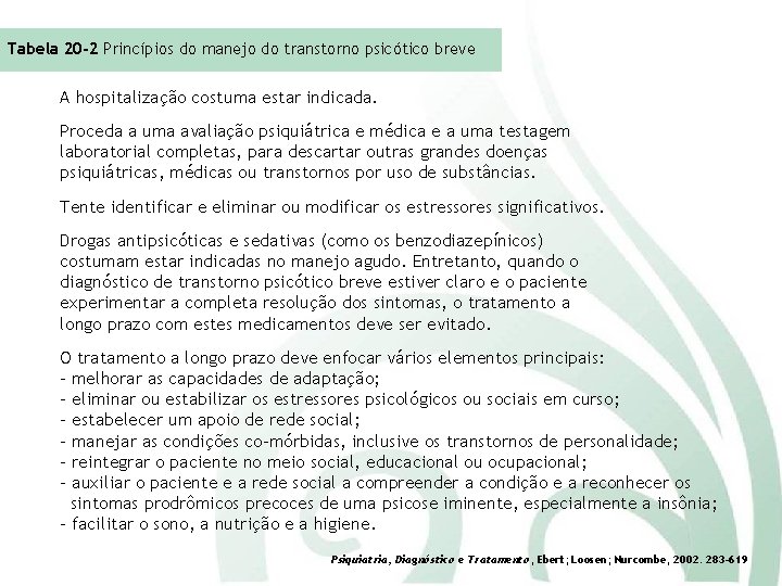 Tabela 20 -2 Princípios do manejo do transtorno psicótico breve A hospitalização costuma estar