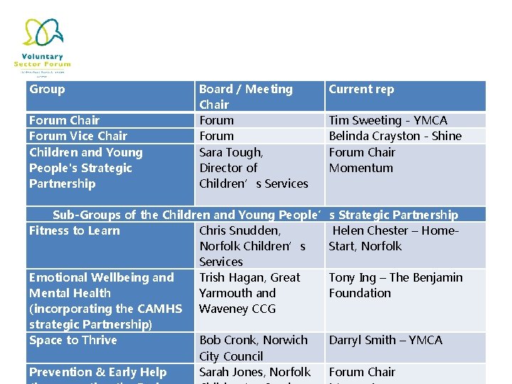 Group Forum Chair Forum Vice Chair Children and Young People's Strategic Partnership Board /