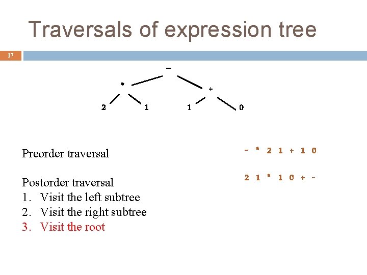 Traversals of expression tree 17 – * 2 + 1 1 0 Preorder traversal