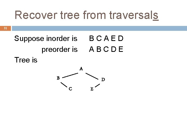 Recover tree from traversals 31 Suppose inorder is preorder is Tree is BCAED ABCDE