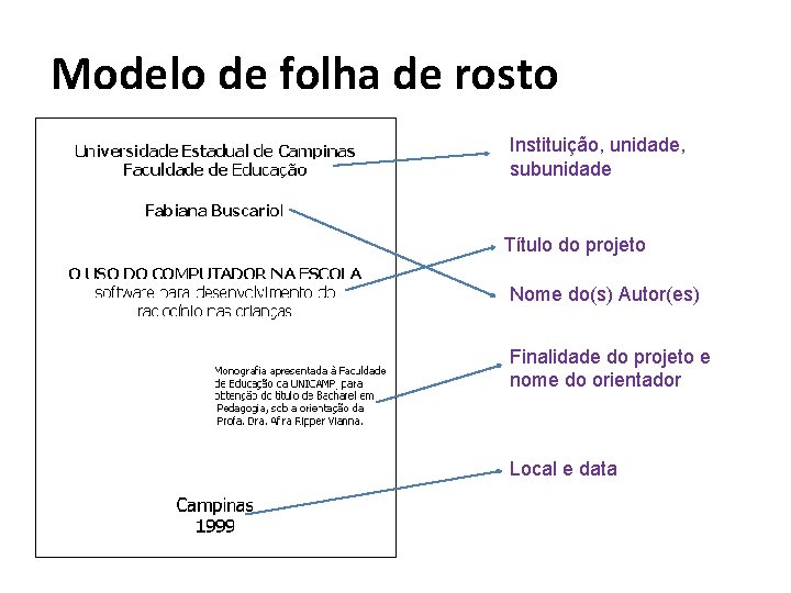 Modelo de folha de rosto Instituição, unidade, subunidade Título do projeto Nome do(s) Autor(es)