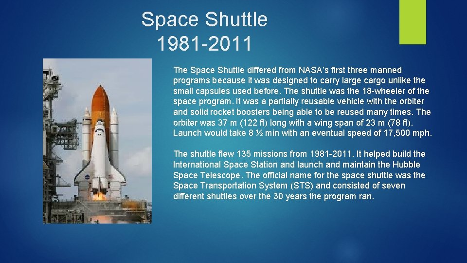 Space Shuttle 1981 -2011 The Space Shuttle differed from NASA’s first three manned programs