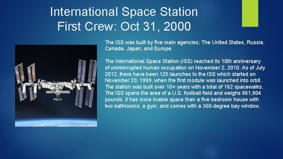 International Space Station First Crew: Oct 31, 2000 The ISS was built by five