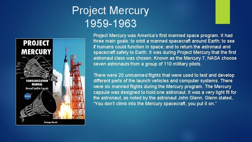 Project Mercury 1959 -1963 Project Mercury was America’s first manned space program. It had