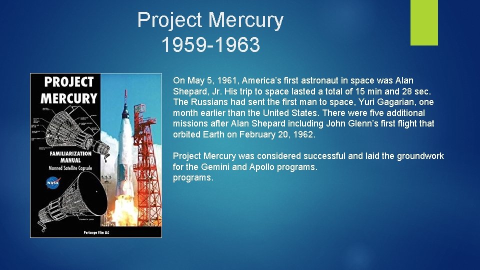 Project Mercury 1959 -1963 On May 5, 1961, America’s first astronaut in space was