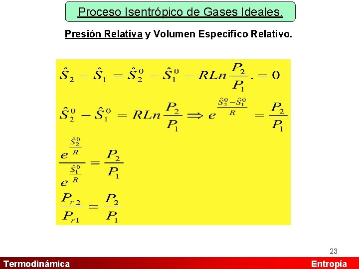 Proceso Isentrópico de Gases Ideales. Presión Relativa y Volumen Especifico Relativo. 23 Termodinámica Entropía