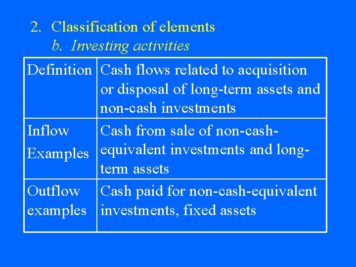 2. Classification of elements b. Investing activities Definition Cash flows related to acquisition or