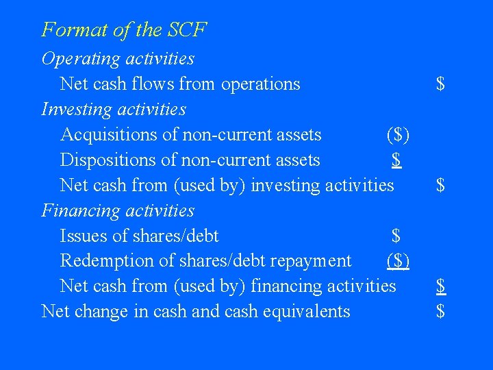 Format of the SCF Operating activities Net cash flows from operations Investing activities Acquisitions