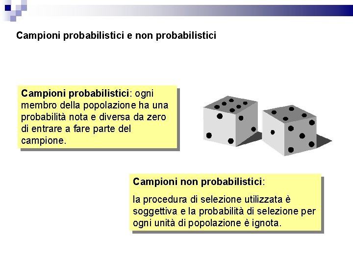 Campioni probabilistici e non probabilistici Campioni probabilistici: ogni membro della popolazione ha una probabilità