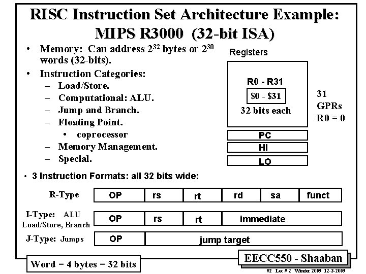 RISC Instruction Set Architecture Example: MIPS R 3000 (32 -bit ISA) • Memory: Can