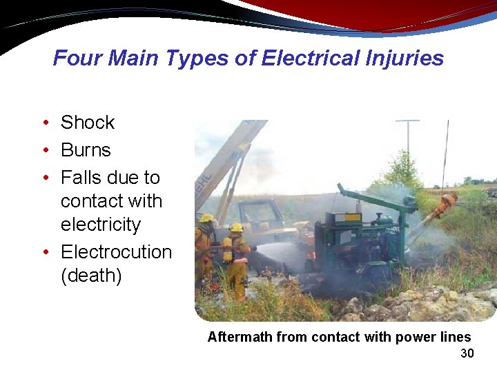 Four Main Types of Electrical Injuries • Shock • Burns • Falls due to
