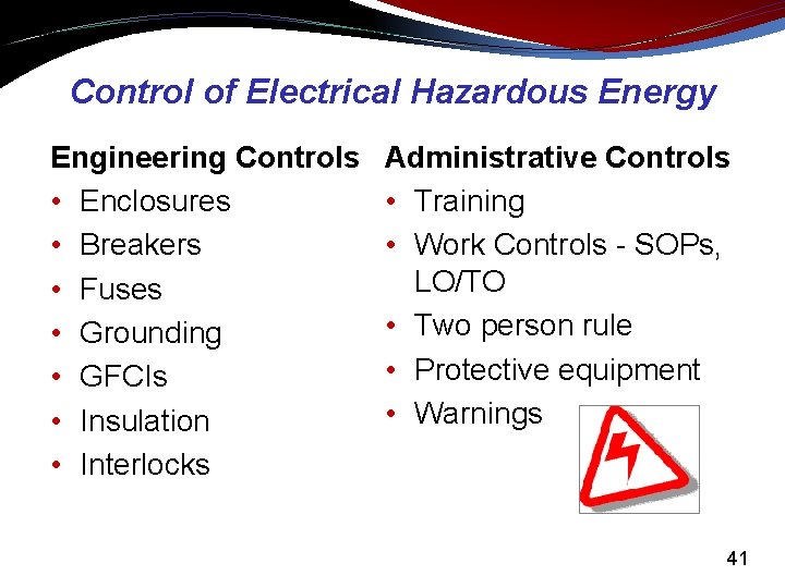 Control of Electrical Hazardous Energy Engineering Controls • Enclosures • Breakers • Fuses •