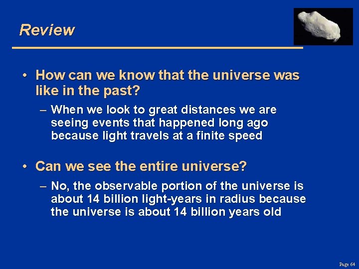 Review • How can we know that the universe was like in the past?