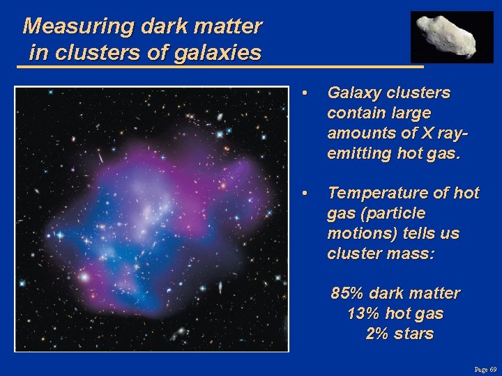 Measuring dark matter in clusters of galaxies • Galaxy clusters contain large amounts of