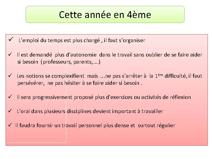 Cette année en 4ème ü L’emploi du temps est plus chargé , il faut