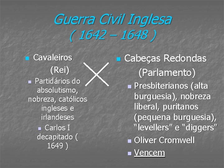 Guerra Civil Inglesa ( 1642 – 1648 ) n Cavaleiros (Rei) Partidários do absolutismo,