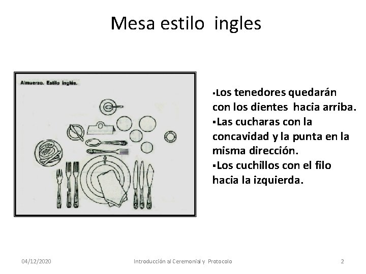 Mesa estilo ingles os tenedores quedarán con los dientes hacia arriba. §Las cucharas con