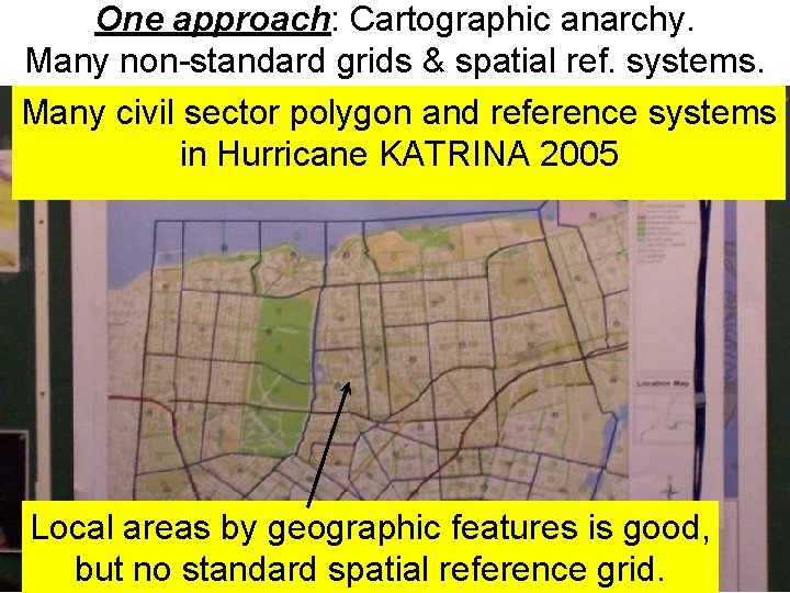 One approach: Cartographic anarchy. Many non-standard grids & spatial ref. systems. Many civil sector