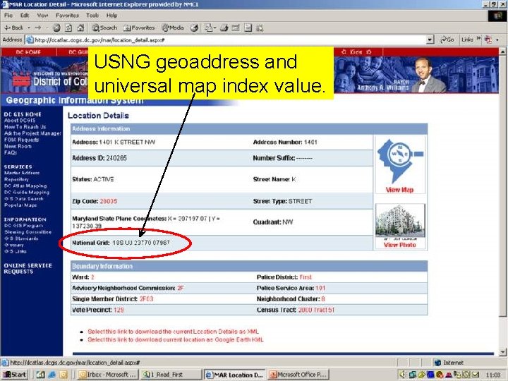 USNG geoaddress and universal map index value. 