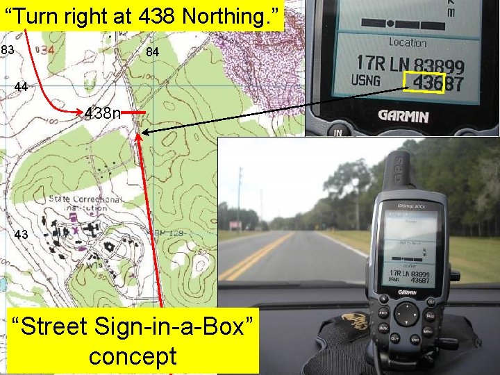 “Turn right at 438 Northing. ” 83 84 44 438 n 43 “Street Sign-in-a-Box”