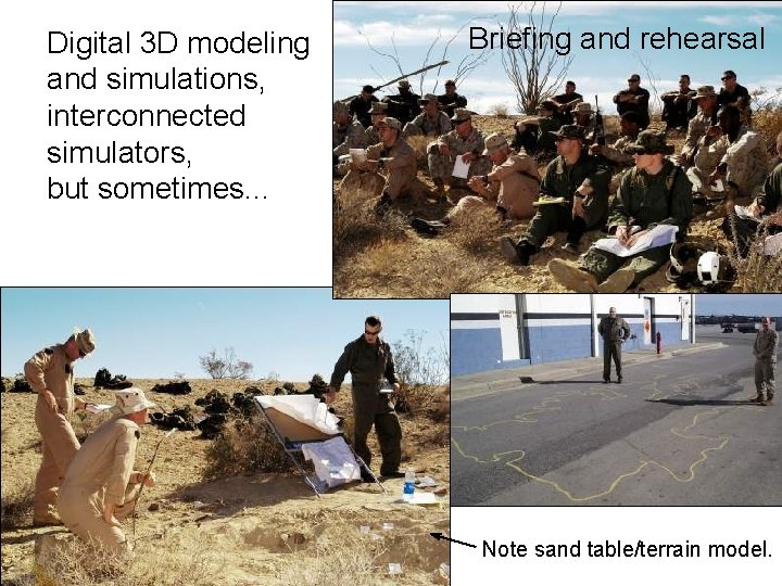 Digital 3 D modeling and simulations, interconnected simulators, but sometimes. . . Briefing and