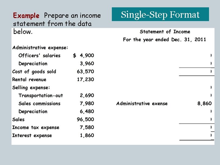 Example Prepare an income statement from the data below. Single-Step Format 