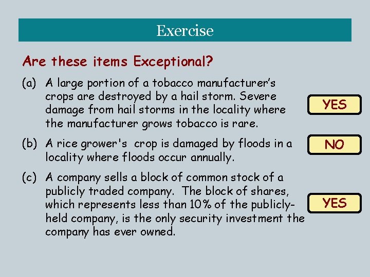 Exercise Are these items Exceptional? (a) A large portion of a tobacco manufacturer’s crops