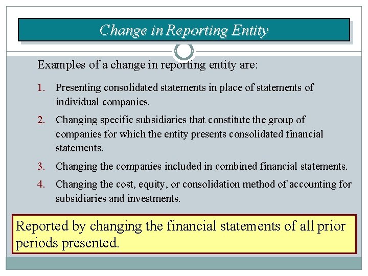 Change in Reporting Entity Examples of a change in reporting entity are: 1. Presenting