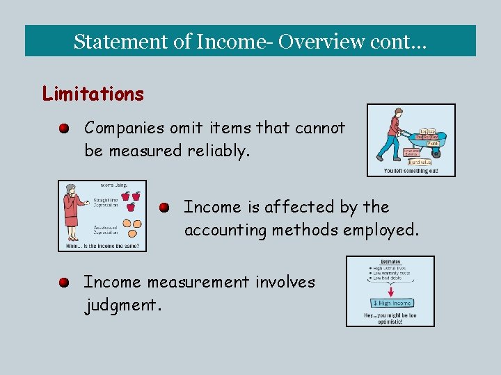 Statement of Income- Overview cont… Limitations Companies omit items that cannot be measured reliably.