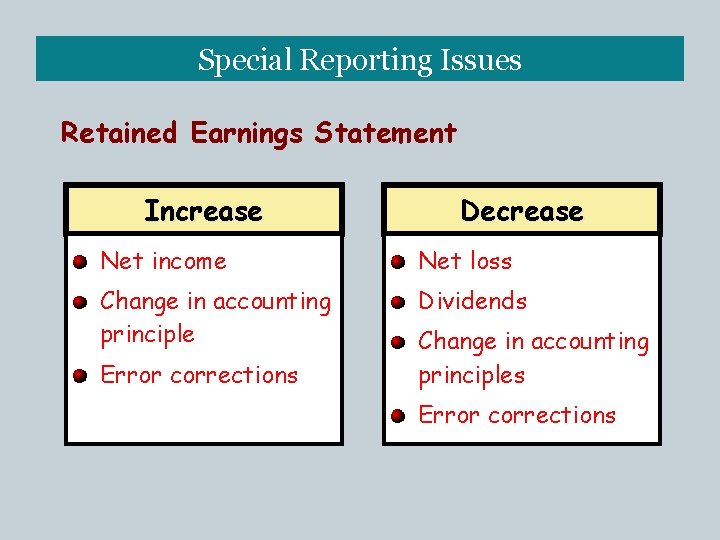 Special Reporting Issues Retained Earnings Statement Increase Decrease Net income Net loss Change in