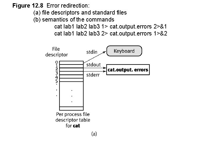 Figure 12. 8 Error redirection: (a) file descriptors and standard files (b) semantics of