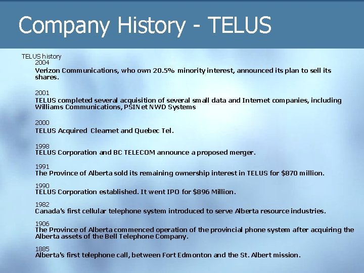 Company History - TELUS history 2004 Verizon Communications, who own 20. 5% minority interest,