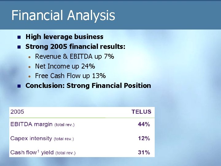 Financial Analysis n n n High leverage business Strong 2005 financial results: • Revenue