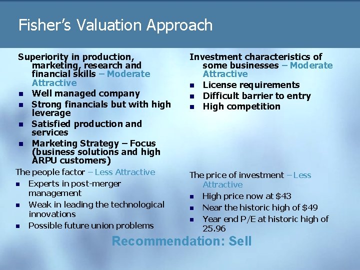 Fisher’s Valuation Approach Superiority in production, marketing, research and financial skills – Moderate Attractive