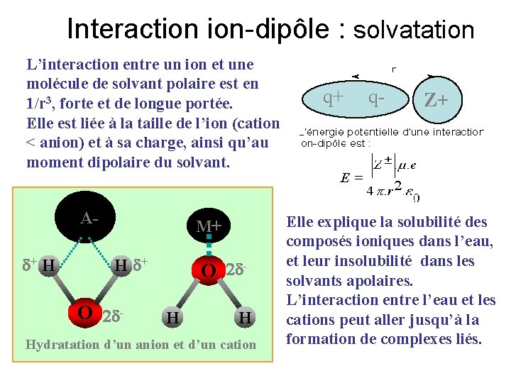 Interaction ion-dipôle : solvatation L’interaction entre un ion et une molécule de solvant polaire