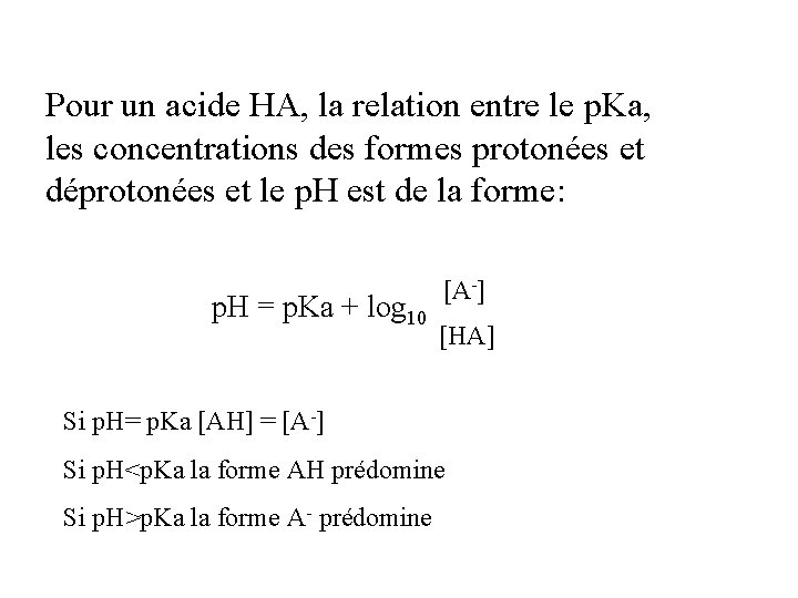 Pour un acide HA, la relation entre le p. Ka, les concentrations des formes