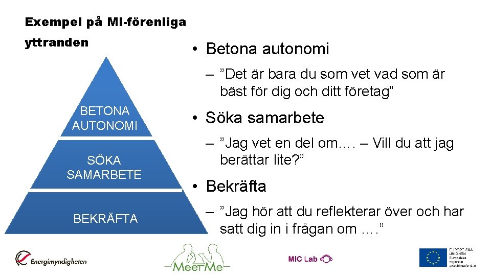 Exempel på MI-förenliga yttranden • Betona autonomi – ”Det är bara du som vet