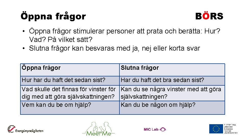 Öppna frågor BÖRS • Öppna frågor stimulerar personer att prata och berätta: Hur? Vad?