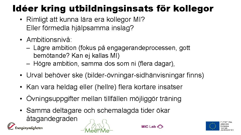 Idéer kring utbildningsinsats för kollegor • Rimligt att kunna lära era kollegor MI? Eller