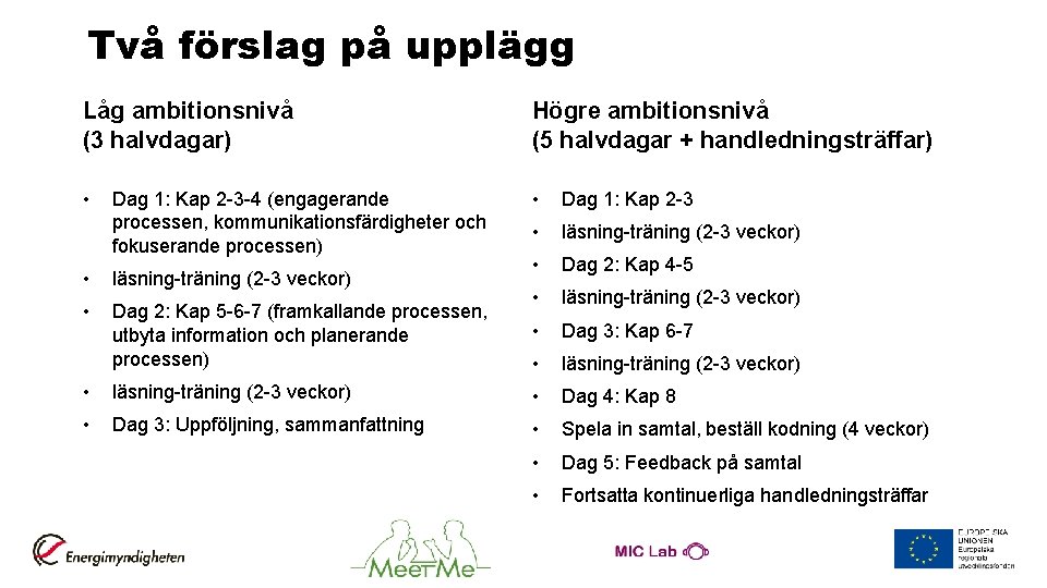 Två förslag på upplägg Låg ambitionsnivå (3 halvdagar) Högre ambitionsnivå (5 halvdagar + handledningsträffar)