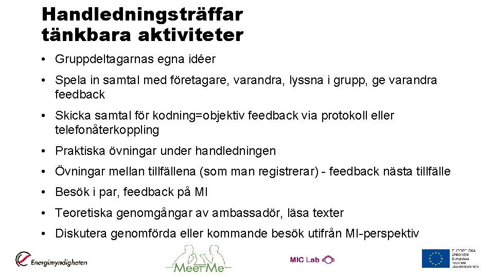 Handledningsträffar tänkbara aktiviteter • Gruppdeltagarnas egna idéer • Spela in samtal med företagare, varandra,