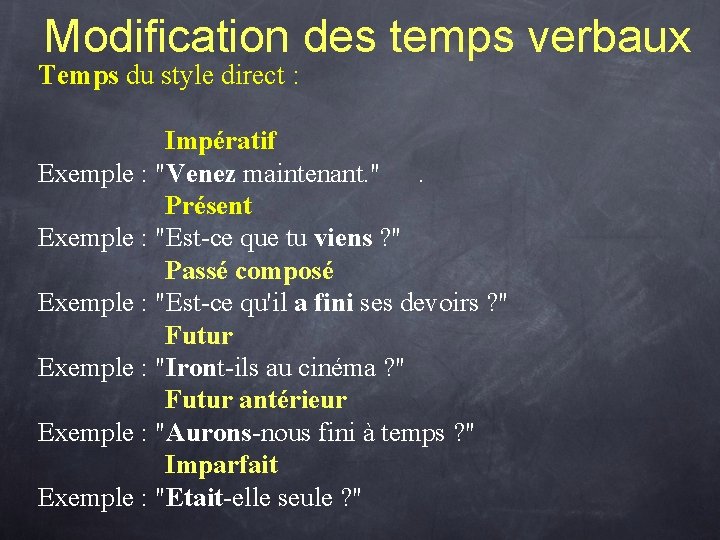 Modification des temps verbaux Temps du style direct : Impératif Exemple : "Venez maintenant.