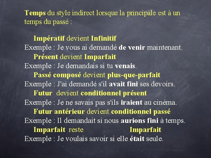 Temps du style indirect lorsque la principale est à un temps du passé :