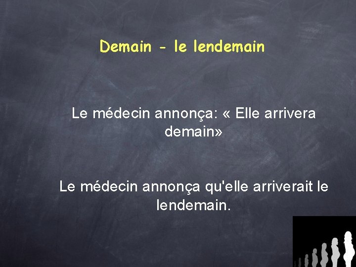 Demain - le lendemain Le médecin annonça: « Elle arrivera demain» Le médecin annonça