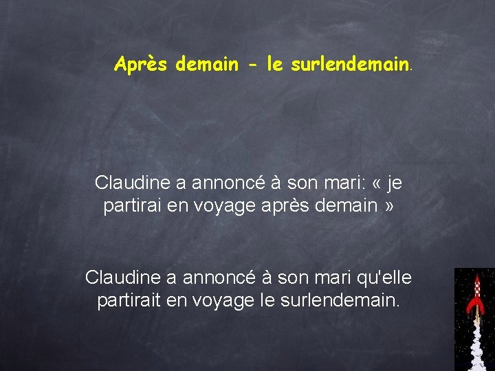 Après demain - le surlendemain. Claudine a annoncé à son mari: « je partirai