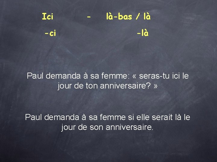 Ici - là-bas / là -là Paul demanda à sa femme: « seras-tu ici