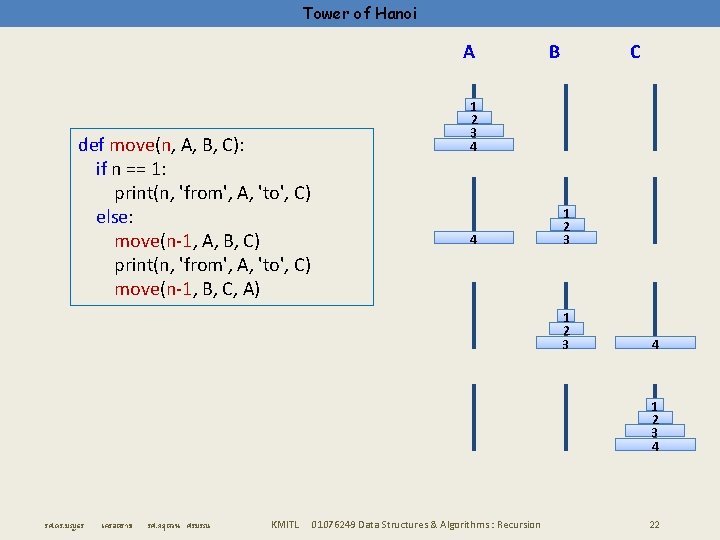 Tower of Hanoi A def move(n, A, B, C): if n == 1: print(n,