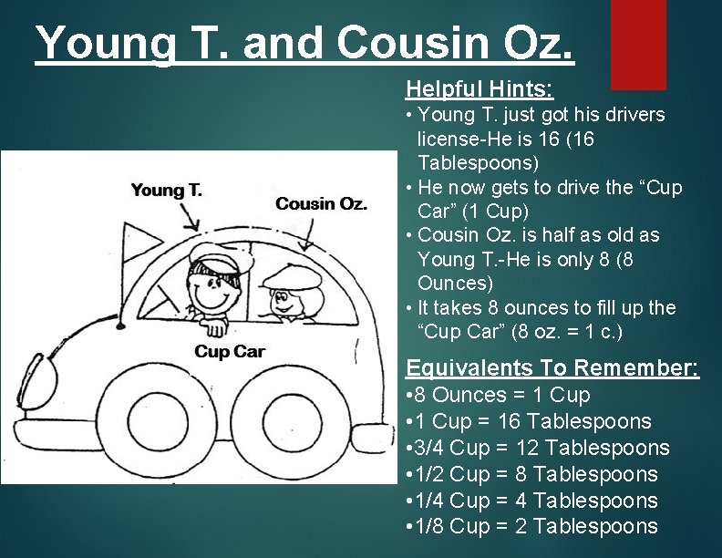 Young T. and Cousin Oz. Helpful Hints: • Young T. just got his drivers