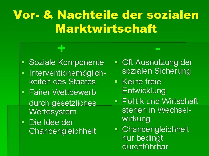 Vor- & Nachteile der sozialen Marktwirtschaft + - § Soziale Komponente § Interventionsmöglichkeiten des