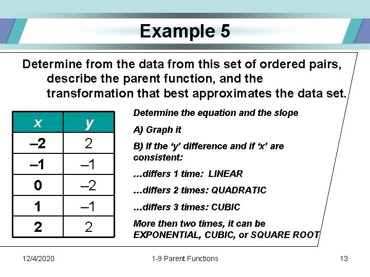 Example 5 Determine from the data from this set of ordered pairs, describe the